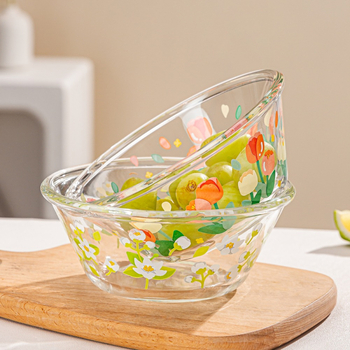 Staklena šalica za doručak s poklopcem i žlicom, elegantna s držkom, cvjetni uzorak, okrugli oblik, staklo soda-lime