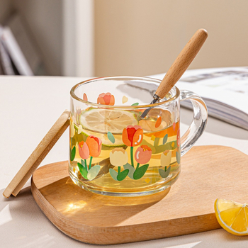 Staklena šalica za doručak s poklopcem i žlicom, elegantna s držkom, cvjetni uzorak, okrugli oblik, staklo soda-lime