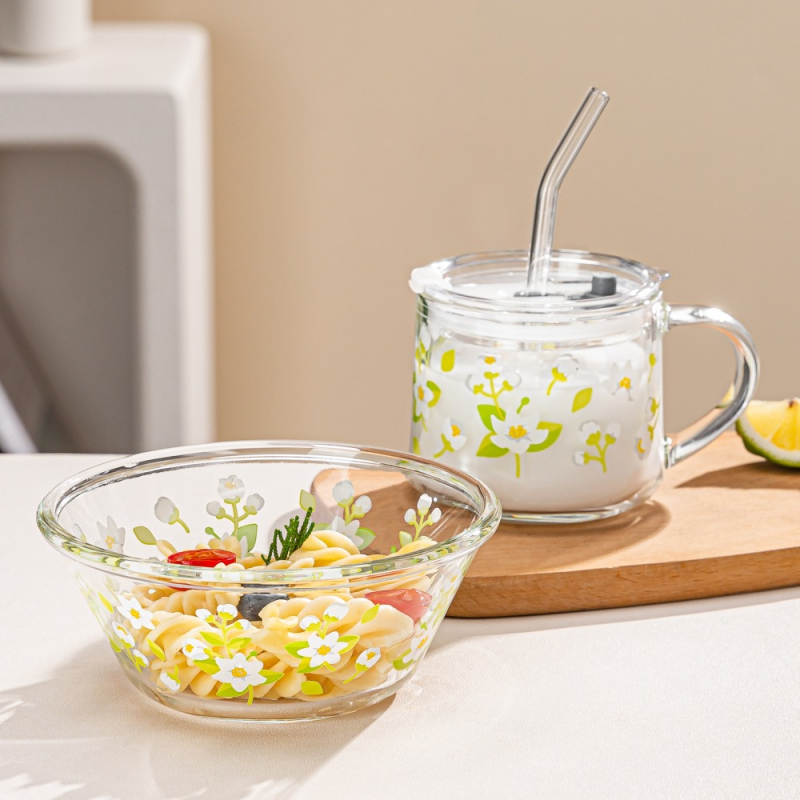 Staklena šalica za doručak s poklopcem i žlicom, elegantna s držkom, cvjetni uzorak, okrugli oblik, staklo soda-lime