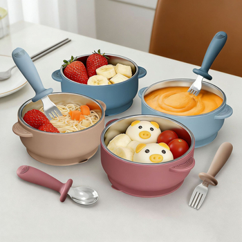 Set dječjeg pribora za hranjenje: silikon vilica i žlica, zdjela od nehrđajućeg čelika s prianjanjem, 5 dijelova, prehrambeni silikon, od 6 mjeseci