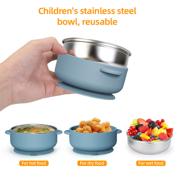 Set dječjeg pribora za hranjenje: silikon vilica i žlica, zdjela od nehrđajućeg čelika s prianjanjem, 5 dijelova, prehrambeni silikon, od 6 mjeseci