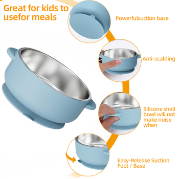 Set dječjeg pribora za hranjenje: silikon vilica i žlica, zdjela od nehrđajućeg čelika s prianjanjem, 5 dijelova, prehrambeni silikon, od 6 mjeseci