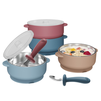 Set dječjeg pribora za hranjenje: silikon vilica i žlica, zdjela od nehrđajućeg čelika s prianjanjem, 5 dijelova, prehrambeni silikon, od 6 mjeseci