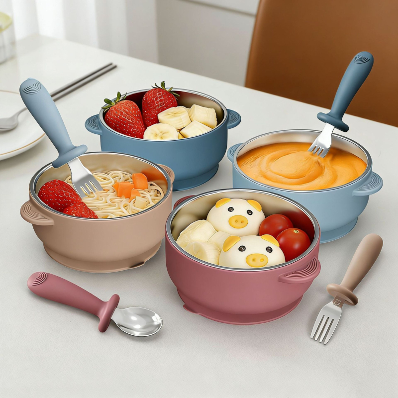 Set dječjeg pribora za hranjenje: silikon vilica i žlica, zdjela od nehrđajućeg čelika s prianjanjem, 5 dijelova, prehrambeni silikon, od 6 mjeseci