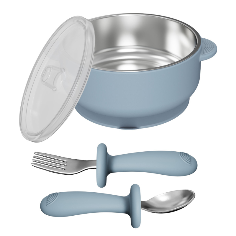 Set dječjeg pribora za hranjenje: silikon vilica i žlica, zdjela od nehrđajućeg čelika s prianjanjem, 5 dijelova, prehrambeni silikon, od 6 mjeseci