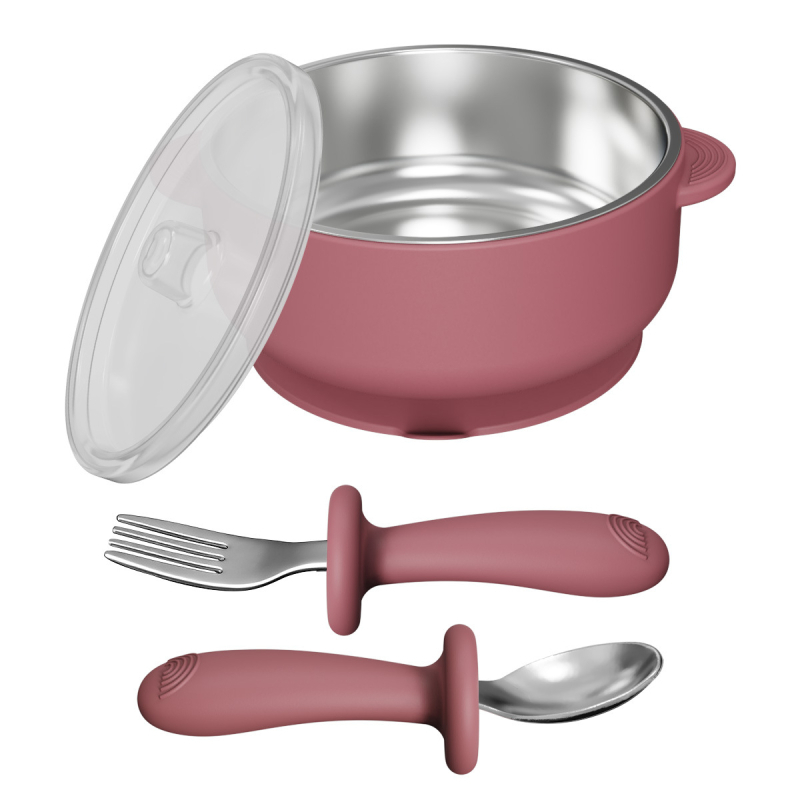 Set dječjeg pribora za hranjenje: silikon vilica i žlica, zdjela od nehrđajućeg čelika s prianjanjem, 5 dijelova, prehrambeni silikon, od 6 mjeseci