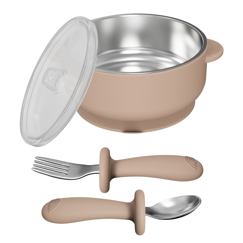 Set dječjeg pribora za hranjenje: silikon vilica i žlica, zdjela od nehrđajućeg čelika s prianjanjem, 5 dijelova, prehrambeni silikon, od 6 mjeseci