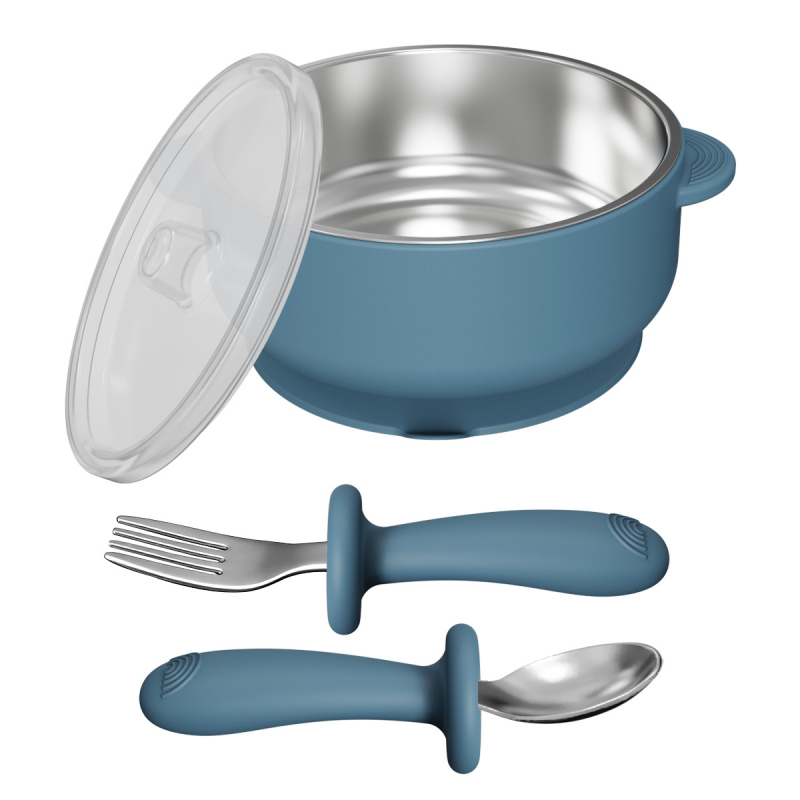 Set dječjeg pribora za hranjenje: silikon vilica i žlica, zdjela od nehrđajućeg čelika s prianjanjem, 5 dijelova, prehrambeni silikon, od 6 mjeseci