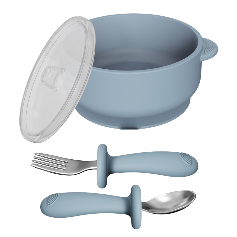 Set dječjeg pribora za hranjenje: silikon vilica i žlica, zdjela od nehrđajućeg čelika s prianjanjem, 5 dijelova, prehrambeni silikon, od 6 mjeseci