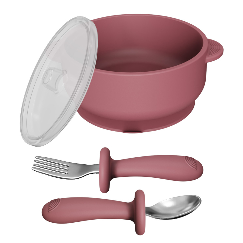Set dječjeg pribora za hranjenje: silikon vilica i žlica, zdjela od nehrđajućeg čelika s prianjanjem, 5 dijelova, prehrambeni silikon, od 6 mjeseci