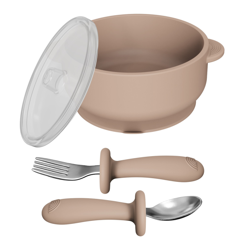 Set dječjeg pribora za hranjenje: silikon vilica i žlica, zdjela od nehrđajućeg čelika s prianjanjem, 5 dijelova, prehrambeni silikon, od 6 mjeseci
