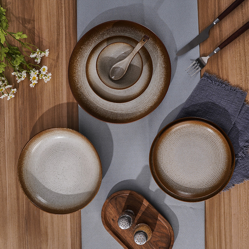 Set keramičkog posuđa s glazurom iz kiln-glazed, čvrst porculan, retro luksuzni stil, uzorak koji imitira opeklinu drveta, mikrovalna kompatibilnost, prilagodljivo