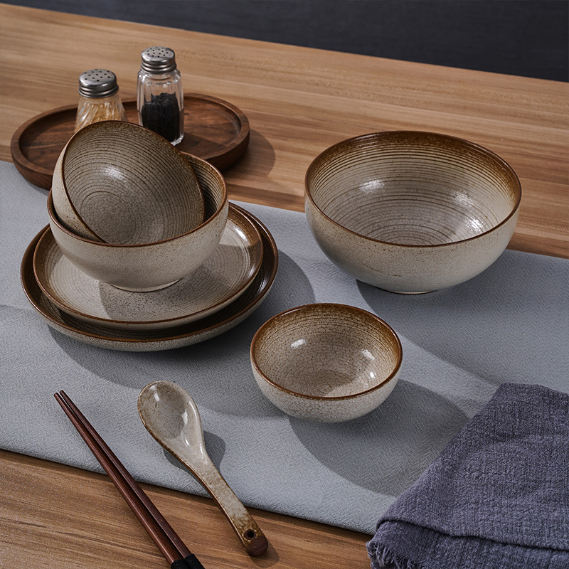 Set keramičkog posuđa s glazurom iz kiln-glazed, čvrst porculan, retro luksuzni stil, uzorak koji imitira opeklinu drveta, mikrovalna kompatibilnost, prilagodljivo