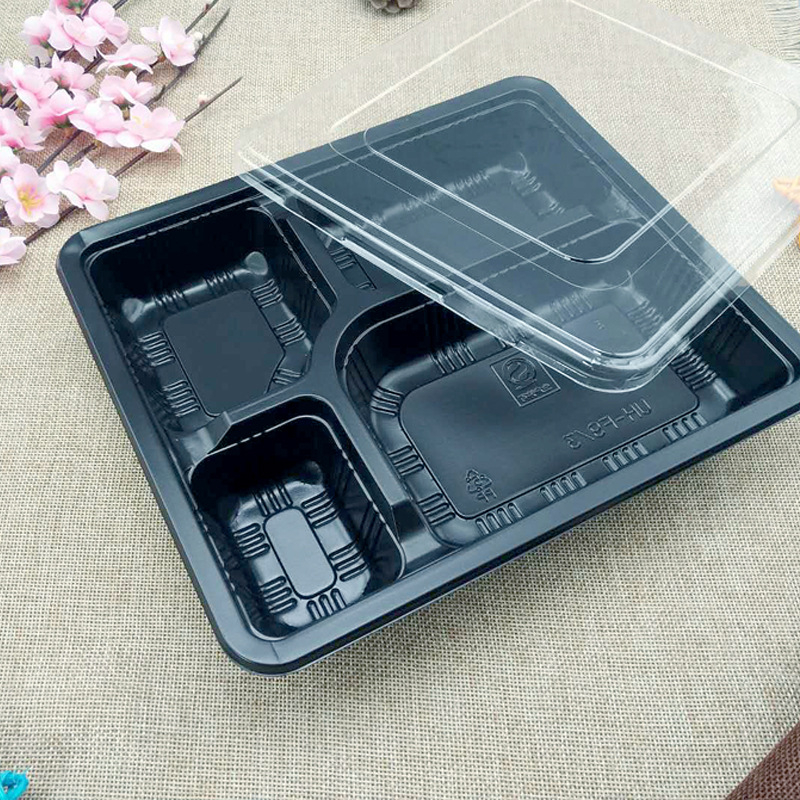 Cutie de masă de unică folosință cu capac, cinci compartimente, plastic, rezistent, compatibil cu microundele, posibilitate de personalizare a producției