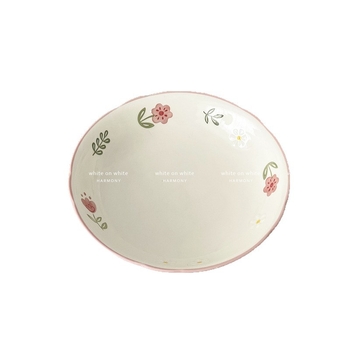 Farfurie de desert din porțelan, rotundă, cu model floral, stil coreean, finisaj sub glazură.