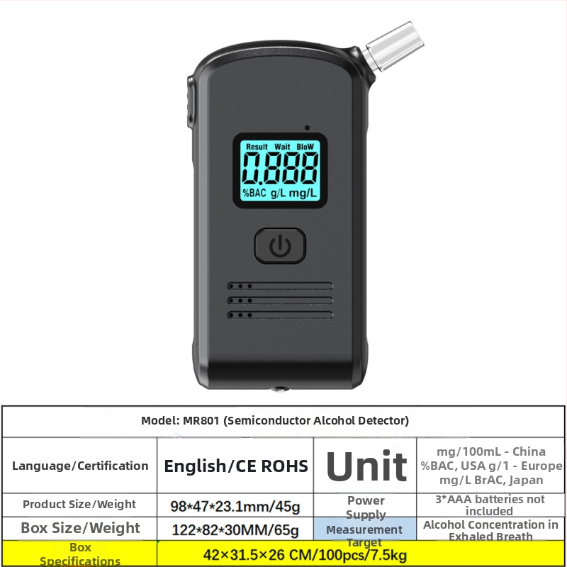 Prenosný dychový tester alkoholu MR997, RCXAZ, rozsah merania 0,00–0,19% BAC, presnosť ±0,01% BAC, doba odozvy 5 s