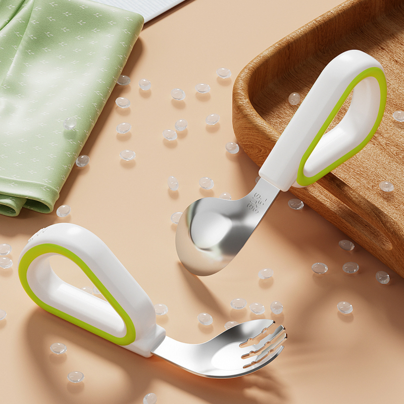 Dječji set vilica i žlica od silikona i nehrđajućeg čelika, jednostavan stil, svježe i slatko, za bebe starije od 3 mjeseca