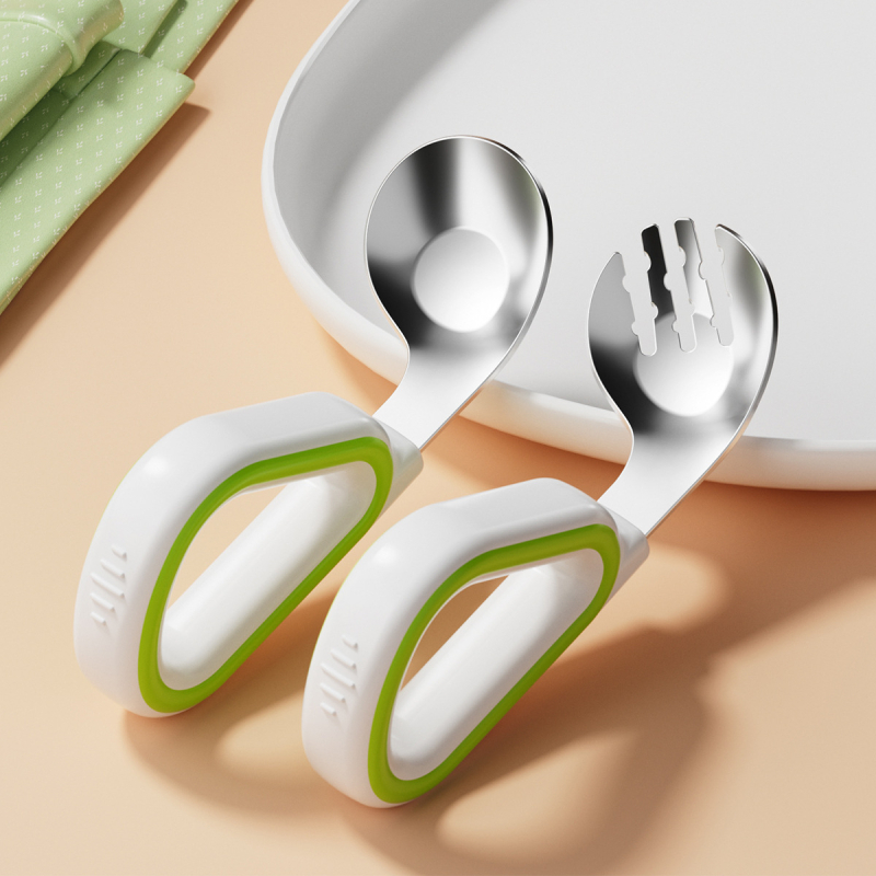 Dječji set vilica i žlica od silikona i nehrđajućeg čelika, jednostavan stil, svježe i slatko, za bebe starije od 3 mjeseca