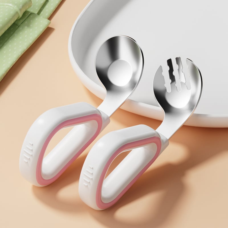 Dječji set vilica i žlica od silikona i nehrđajućeg čelika, jednostavan stil, svježe i slatko, za bebe starije od 3 mjeseca