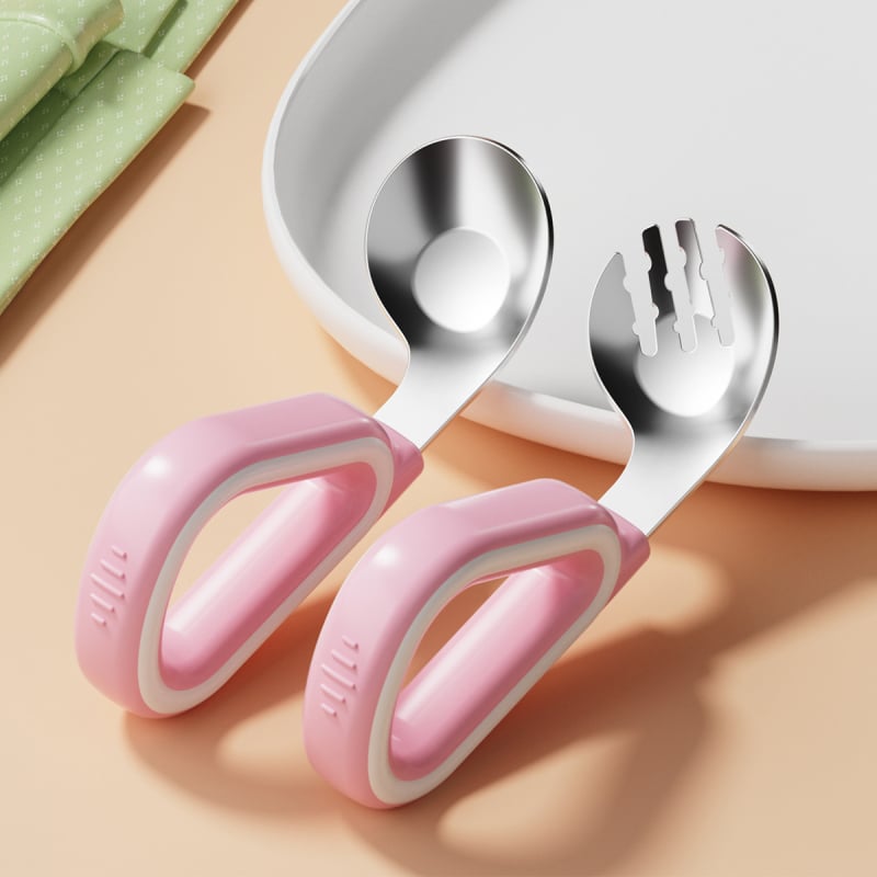 Dječji set vilica i žlica od silikona i nehrđajućeg čelika, jednostavan stil, svježe i slatko, za bebe starije od 3 mjeseca