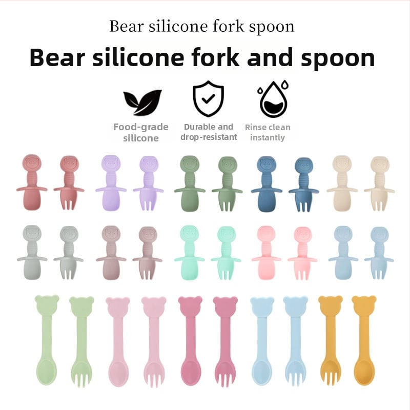 Bebi silikon vilica i žlica u obliku medvjedića – 2 komada, brend Mido le, za djecu od 3 mjeseca, minimalistički dizajn