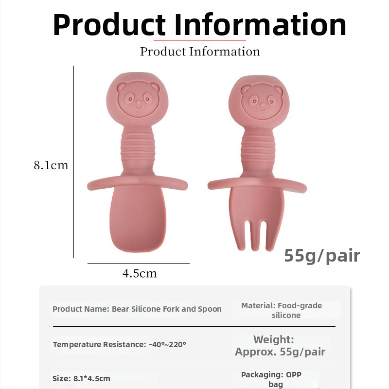 Bebi silikon vilica i žlica u obliku medvjedića – 2 komada, brend Mido le, za djecu od 3 mjeseca, minimalistički dizajn
