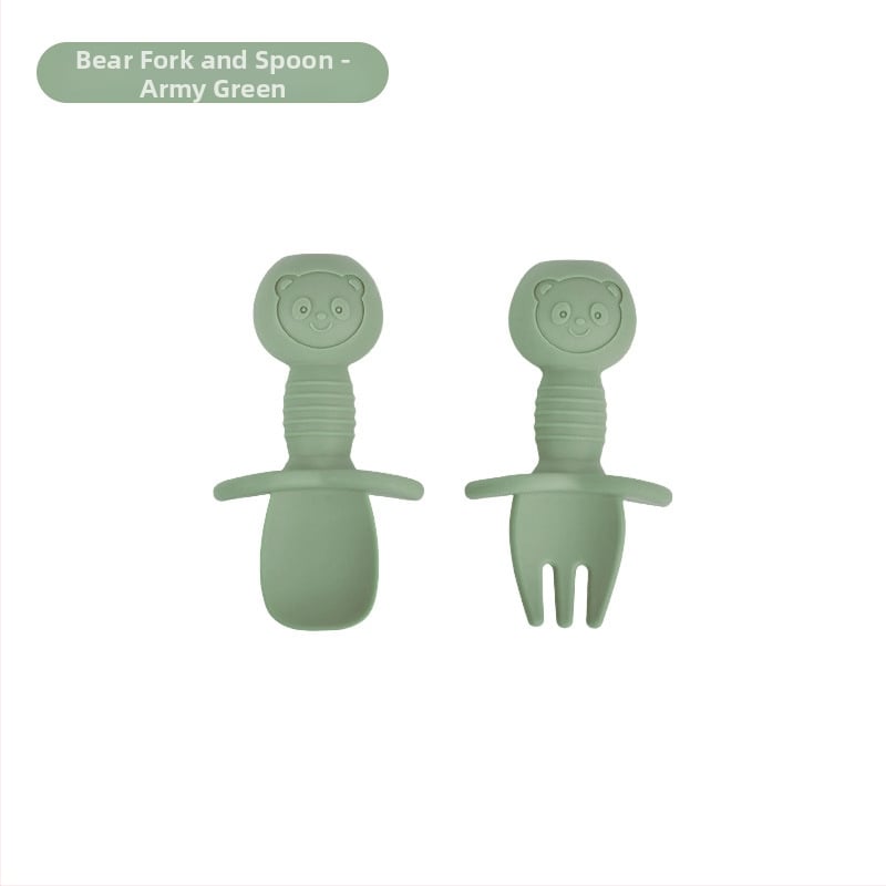 Bebi silikon vilica i žlica u obliku medvjedića – 2 komada, brend Mido le, za djecu od 3 mjeseca, minimalistički dizajn