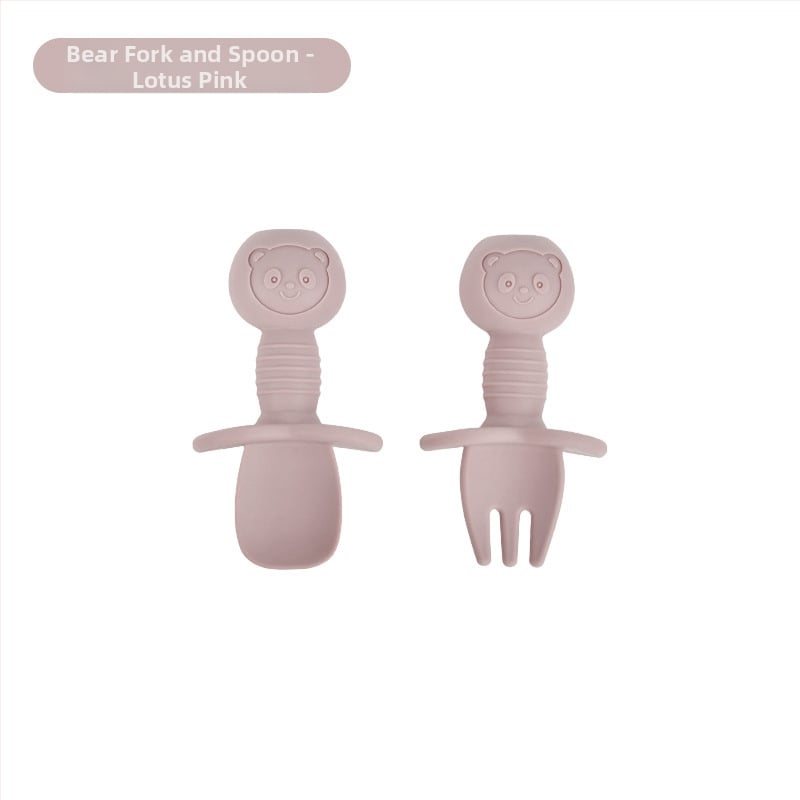 Bebi silikon vilica i žlica u obliku medvjedića – 2 komada, brend Mido le, za djecu od 3 mjeseca, minimalistički dizajn