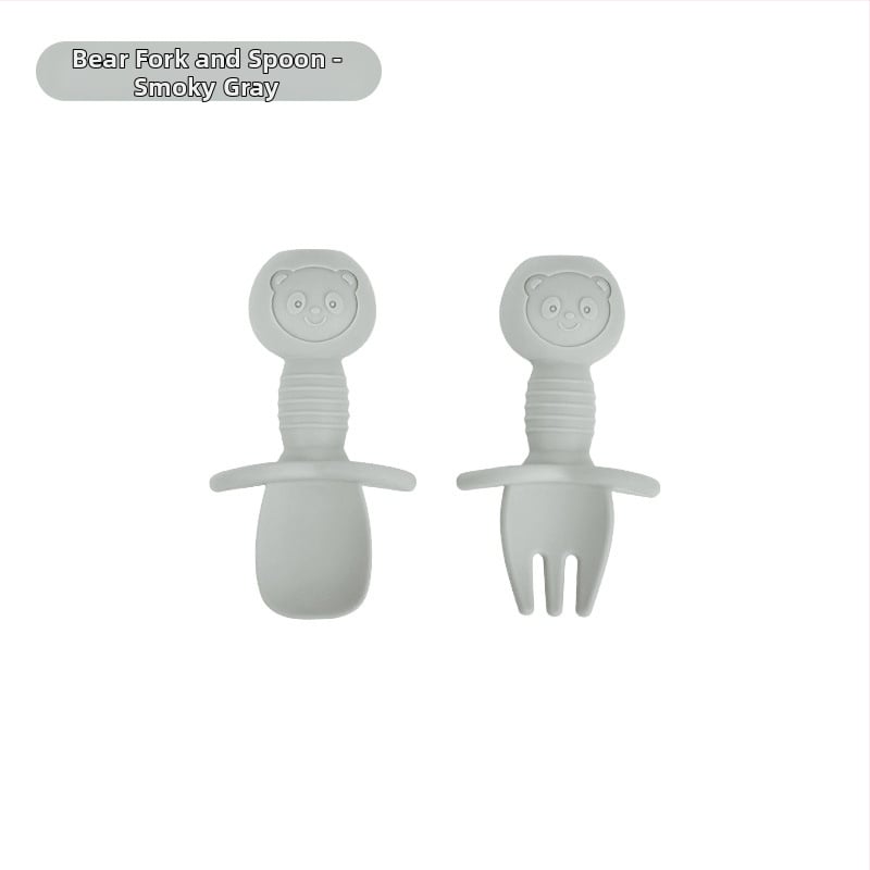 Bebi silikon vilica i žlica u obliku medvjedića – 2 komada, brend Mido le, za djecu od 3 mjeseca, minimalistički dizajn