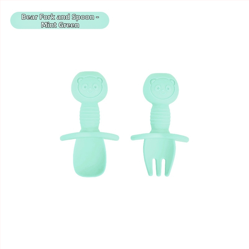 Bebi silikon vilica i žlica u obliku medvjedića – 2 komada, brend Mido le, za djecu od 3 mjeseca, minimalistički dizajn