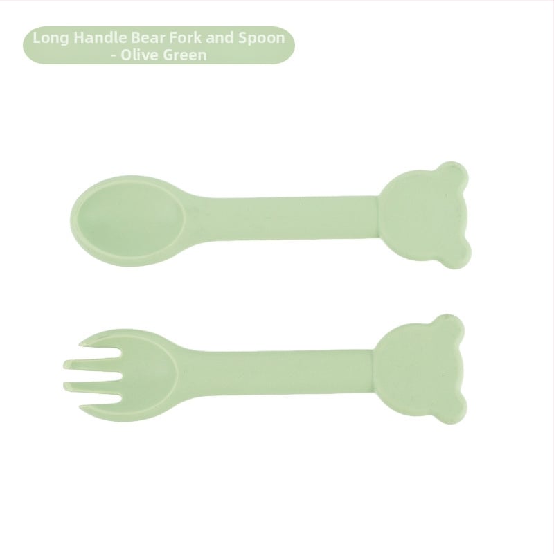 Bebi silikon vilica i žlica u obliku medvjedića – 2 komada, brend Mido le, za djecu od 3 mjeseca, minimalistički dizajn