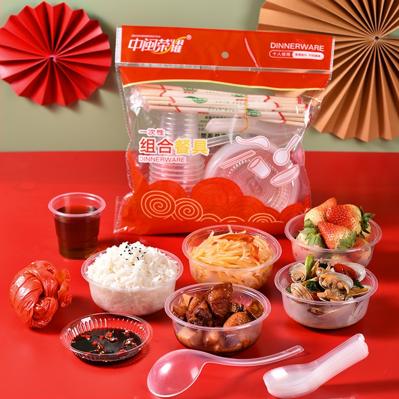 Jednorázový plastový servis s okrúhlymi miskami a paličkami, pre 8-10 osôb, balenia 10/30/60