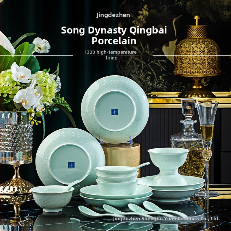 Kézzel készített kerámia étkészlet gravírozott virágos mintával, underglaze felülettel, kínai stílusú, könnyű luxus retro