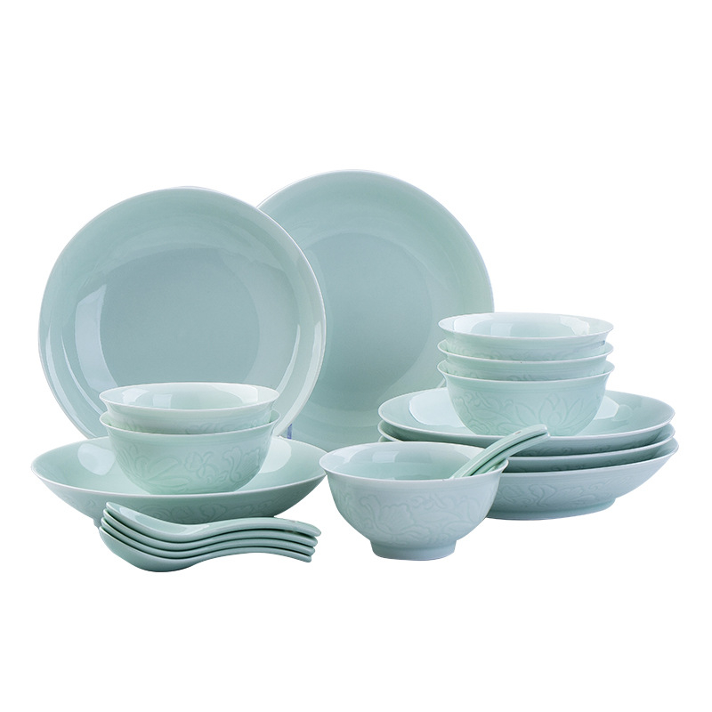 Kézzel készített kerámia étkészlet gravírozott virágos mintával, underglaze felülettel, kínai stílusú, könnyű luxus retro