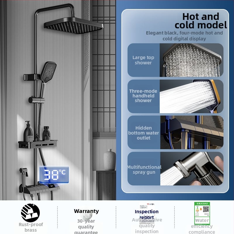 Σετ ντους με κρυφό εγκατάσταση, ψηφιακή οθόνη θερμοκρασίας, έλεγχος θερμοκρασίας, κυκλική κεφαλή ντους, θερμοκρασία λειτουργίας 0-55°C