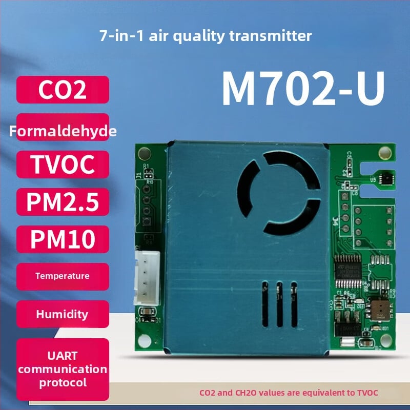 Senzorový modul 7v1 pre kvalitu ovzdušia: CO2, formaldehyd, PM2.5/PM10, TVOC, teplota a vlhkosť; RS485/UART rozhranie; elektrochemický senzor