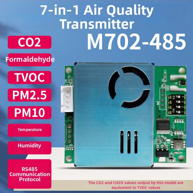 Senzorový modul 7v1 pre kvalitu ovzdušia: CO2, formaldehyd, PM2.5/PM10, TVOC, teplota a vlhkosť; RS485/UART rozhranie; elektrochemický senzor