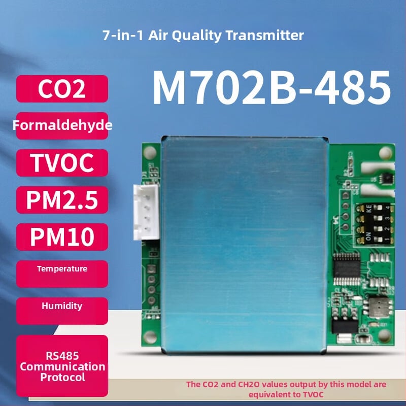 Senzorový modul 7v1 pre kvalitu ovzdušia: CO2, formaldehyd, PM2.5/PM10, TVOC, teplota a vlhkosť; RS485/UART rozhranie; elektrochemický senzor
