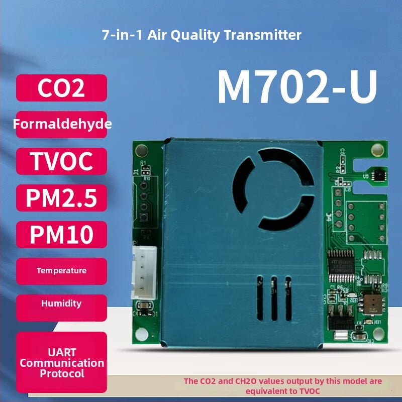 Senzorový modul 7v1 pre kvalitu ovzdušia: CO2, formaldehyd, PM2.5/PM10, TVOC, teplota a vlhkosť; RS485/UART rozhranie; elektrochemický senzor