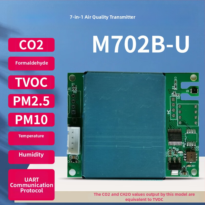 Senzorový modul 7v1 pre kvalitu ovzdušia: CO2, formaldehyd, PM2.5/PM10, TVOC, teplota a vlhkosť; RS485/UART rozhranie; elektrochemický senzor