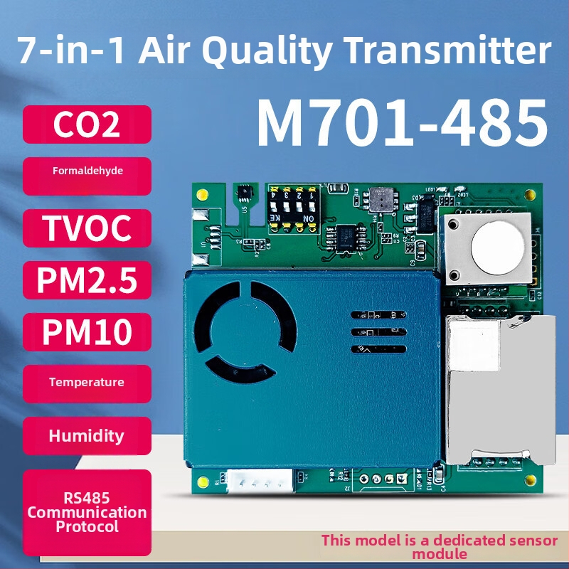 Senzorový modul 7v1 pre kvalitu ovzdušia: CO2, formaldehyd, PM2.5/PM10, TVOC, teplota a vlhkosť; RS485/UART rozhranie; elektrochemický senzor