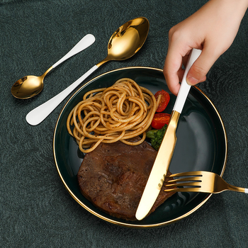 Set pribora od nehrđajućeg čelika, 24-djelni, s pozlaćenjem i držačem za pohranu (410 nehrđajući čelik; 6 noževa, 6 vilica, 6 žlica, 6 čajnih žličica; ogledni završni sloj; prilagodljivo)