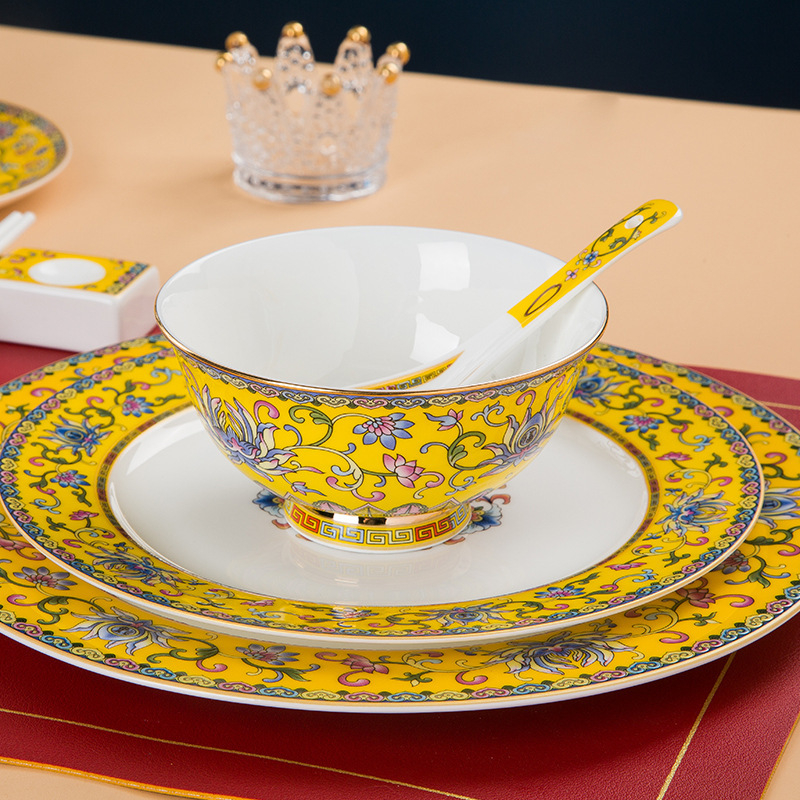 Emalirana misa od porculana s kostima, okruglog oblika, uzorak biljaka i cvijeća, kineski stil (nova chinoiserie), tisak logotipa i prilagodba dostupni