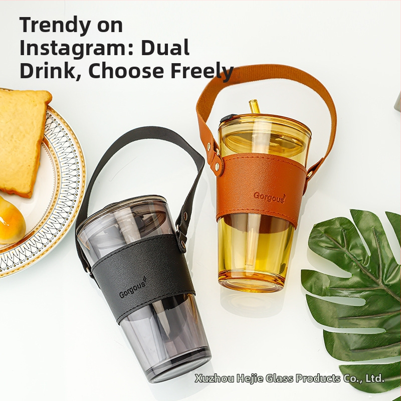 Staklena čaša za vodu s užetom i poklopcem, za parove, pogodna za ured i dom, visok kapacitet šalice za kavu