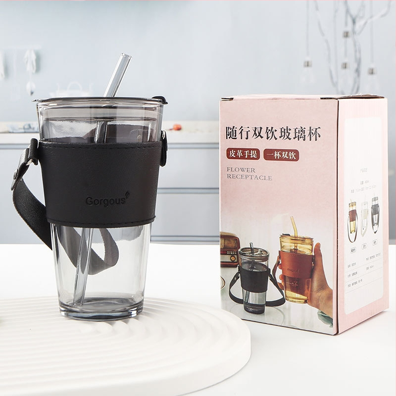 Staklena čaša za vodu s užetom i poklopcem, za parove, pogodna za ured i dom, visok kapacitet šalice za kavu