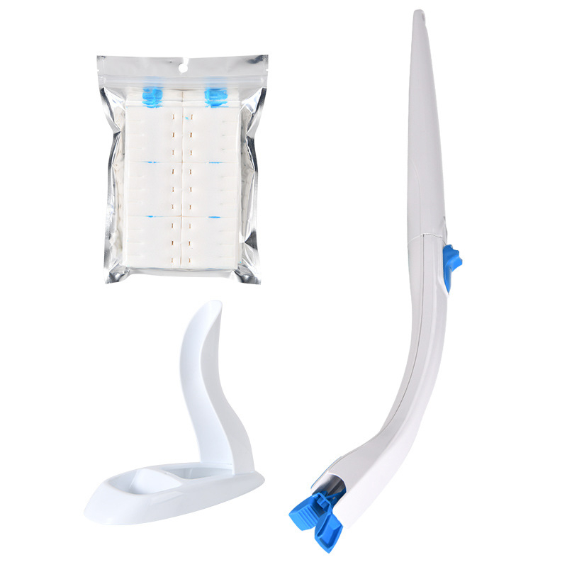 Egyszer használatos vécé kefekészlet hosszú nyéllel, cserélhető fejjel, holt szög nélküli, műanyag kivitel.