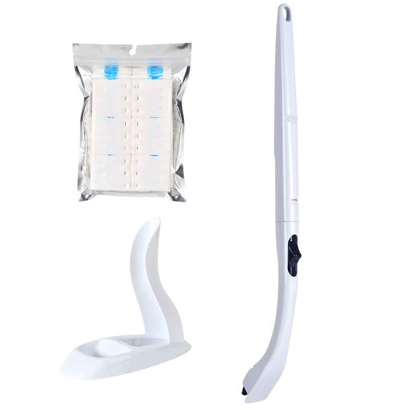 Egyszer használatos vécé kefekészlet hosszú nyéllel, cserélhető fejjel, holt szög nélküli, műanyag kivitel.