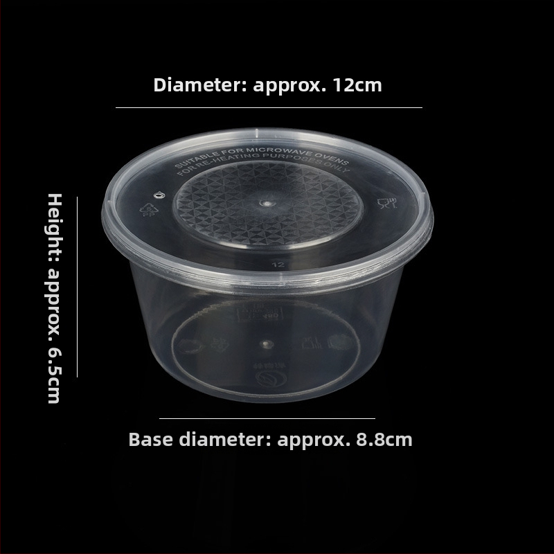 Okrúhly plastový miska s viečkom, priesvitný box na jedlo na donášku