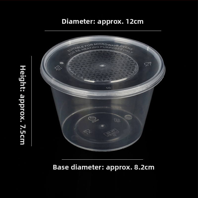 Okrúhly plastový miska s viečkom, priesvitný box na jedlo na donášku