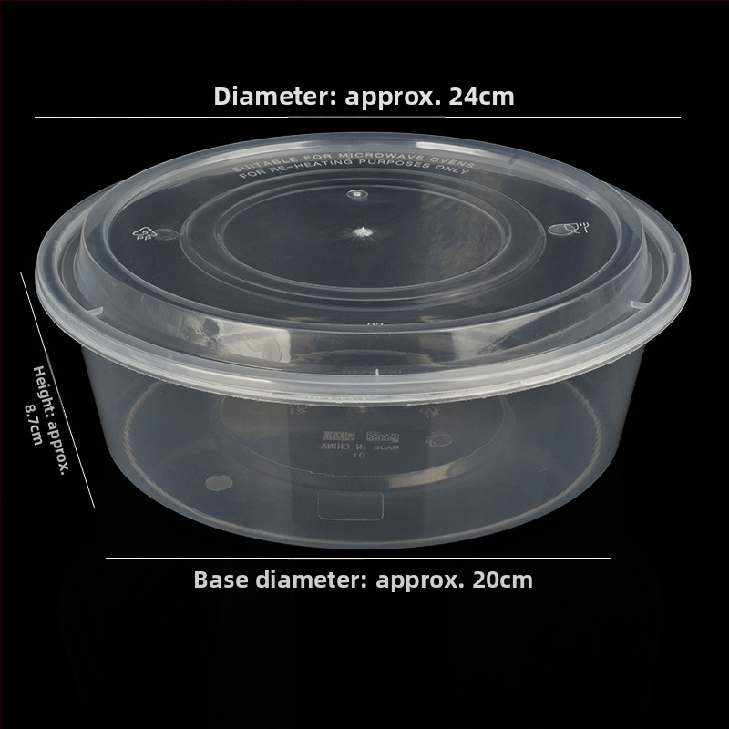 Okrúhly plastový miska s viečkom, priesvitný box na jedlo na donášku